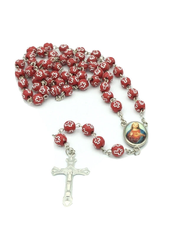  Catholic Rosary Necklace Red Sacred Heart of Jesus sagrado corazón de Jesús   