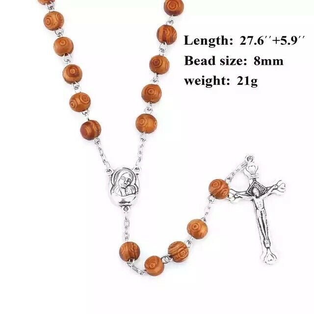 Olive Wood Rosary Beads Catholic Necklace Medal Crucifix Jerusalem Cross Jesus