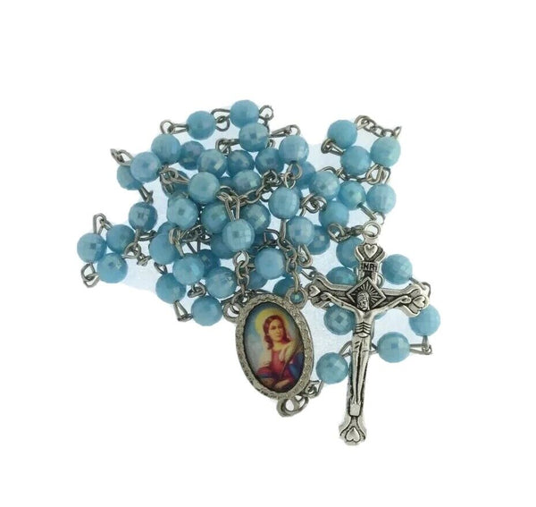 Saint Lucy Santa Lucia Blue Rosary Necklace Catholic Medal Eye Protection