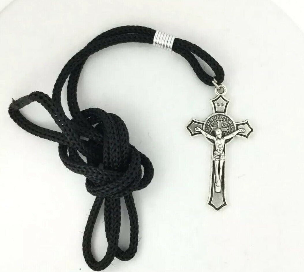 Saint St Benedict Medal Crucifix Cross Silver Plated Pendant Necklace 17" Cord