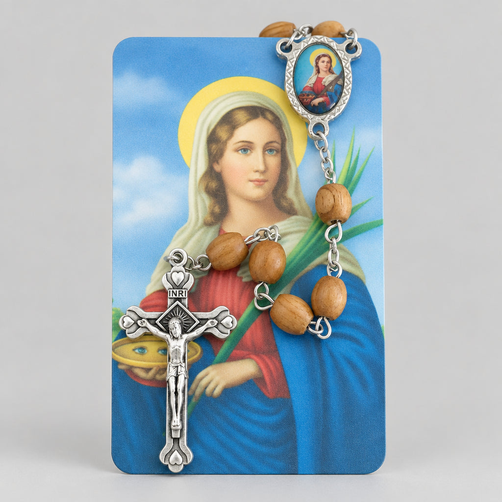 Catholic Rosary Necklace Olive Wood St.Lucy Jerusalem Santa Lucia Rosario