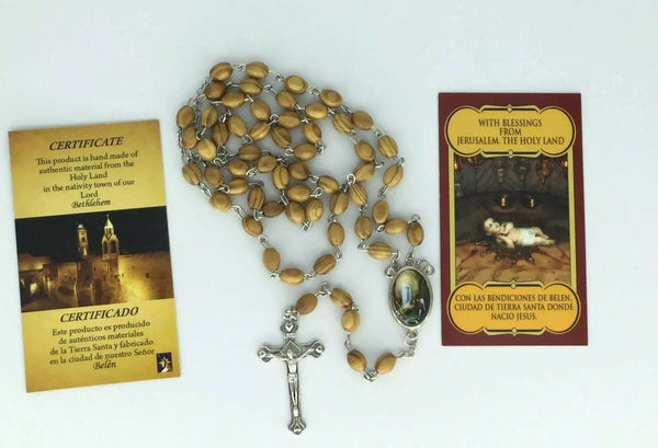 Olive Wood Rosary JERUSALEM Necklace Oval Catholic Our Lady Of Lourdes