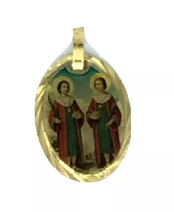 18k  Religious Medal Gold Plated Pendant Saint Cosmas & Damian Necklace Catholic