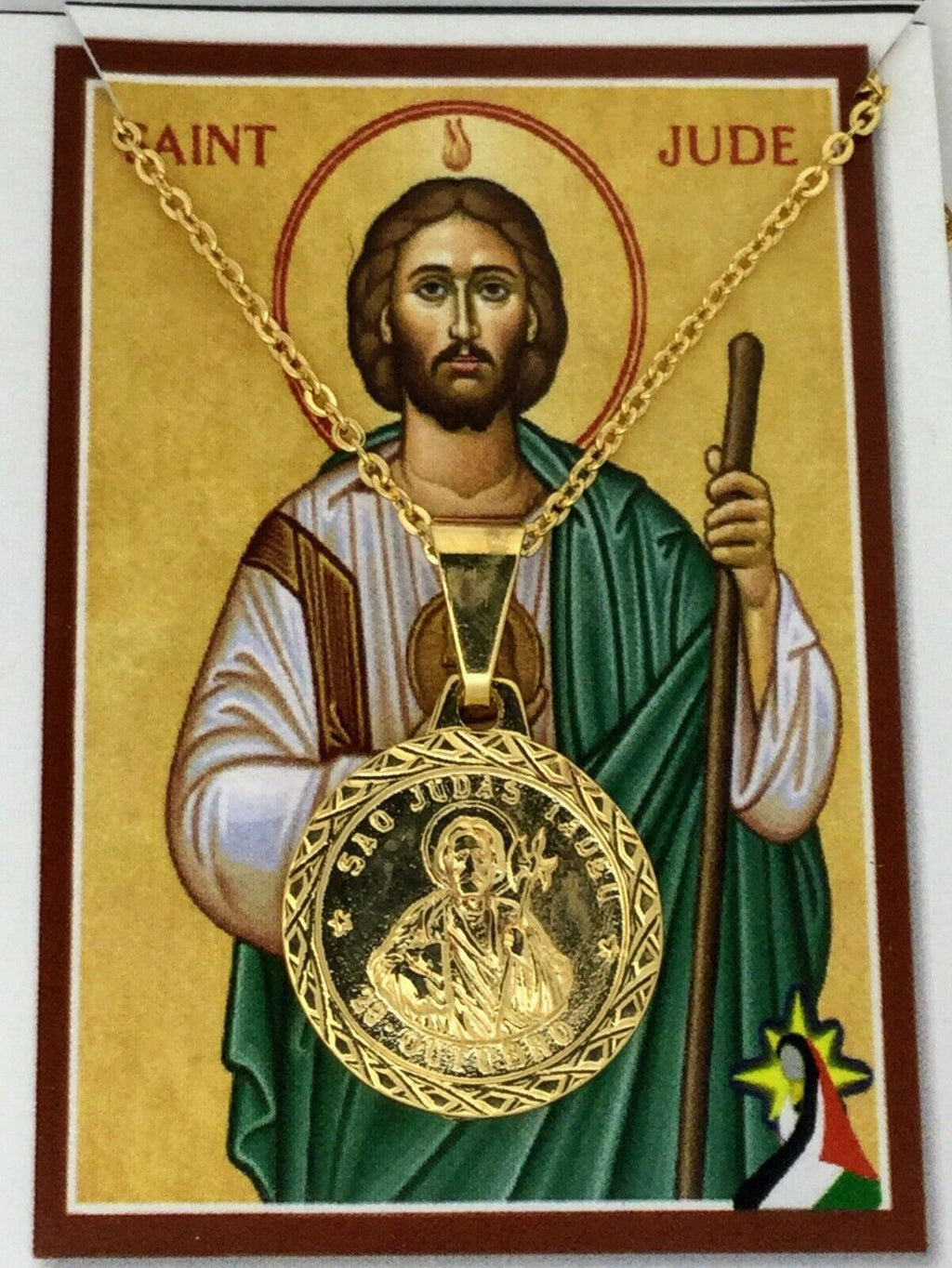 14K Gold Plated Saint Jude Necklace Pendant + Chain. San Judas Oro laminado 