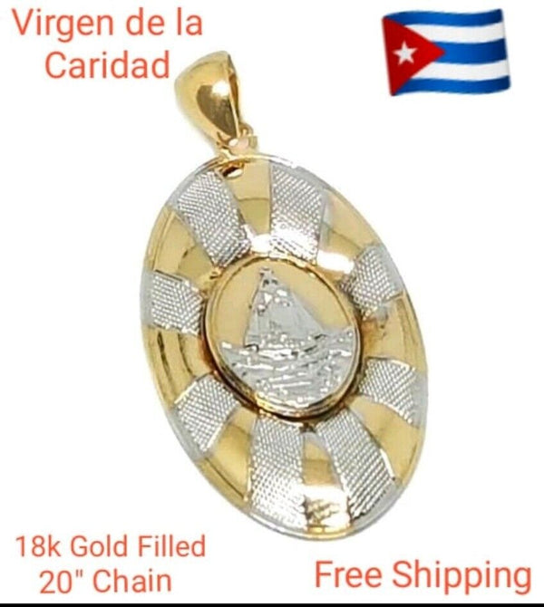 18k Gold Plated Pendant and 20" Virgen de la Caridad del Cobre Chain Cuba Oshun