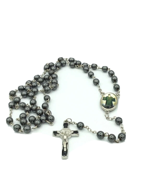 Black Hematite Beads Saint Charbel CATHOLIC ROSARY NECKLACE Saint Benedict Cross