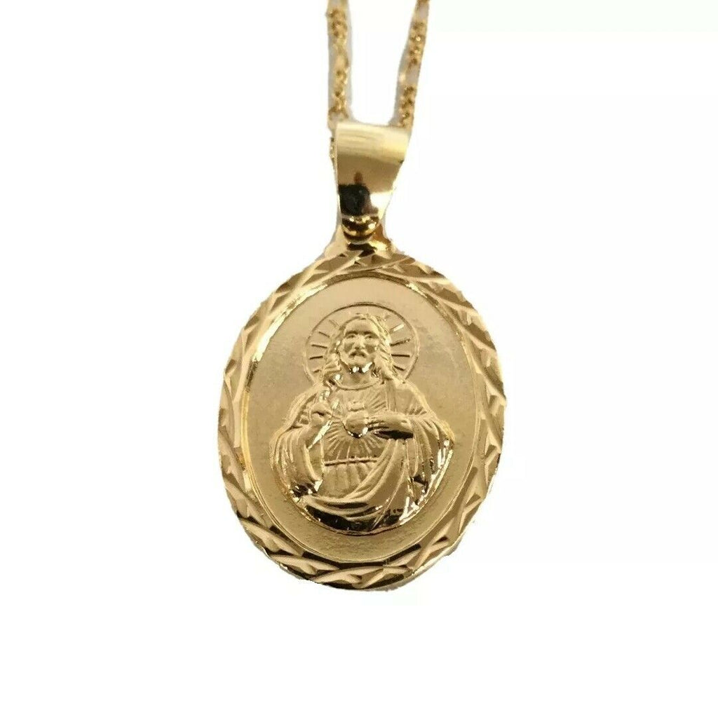 18k Gold Plated Sacred Heart Jesus Christ Medal Catholic Pendant Necklace 20"