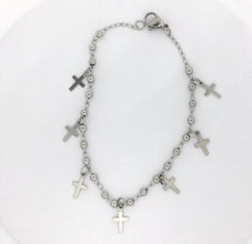 Catholic STAINLESS STEEL ROSARY CROSS BRACELET HANGING CROSS 8” Silver Tone