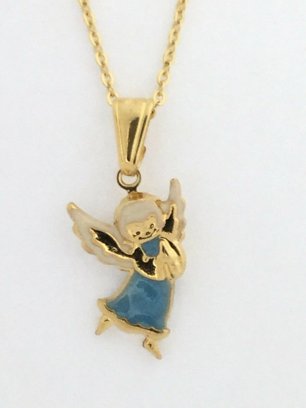 14K Gold Plated Praying Angel Pendant Charm Necklace Baby Kids Blue 16” Chain