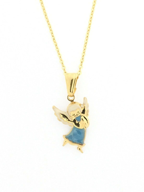 14K Gold Plated Praying Angel Pendant Charm Necklace Baby Kids Blue 16” Chain
