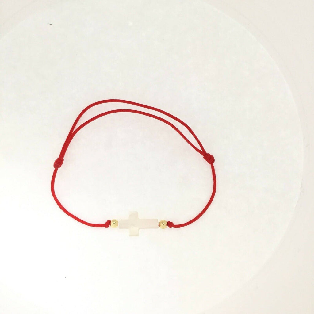 Pulsera De La CRUZ DE nácar Hilo Rojo Ajustable red cord Mother of pearl Cross 