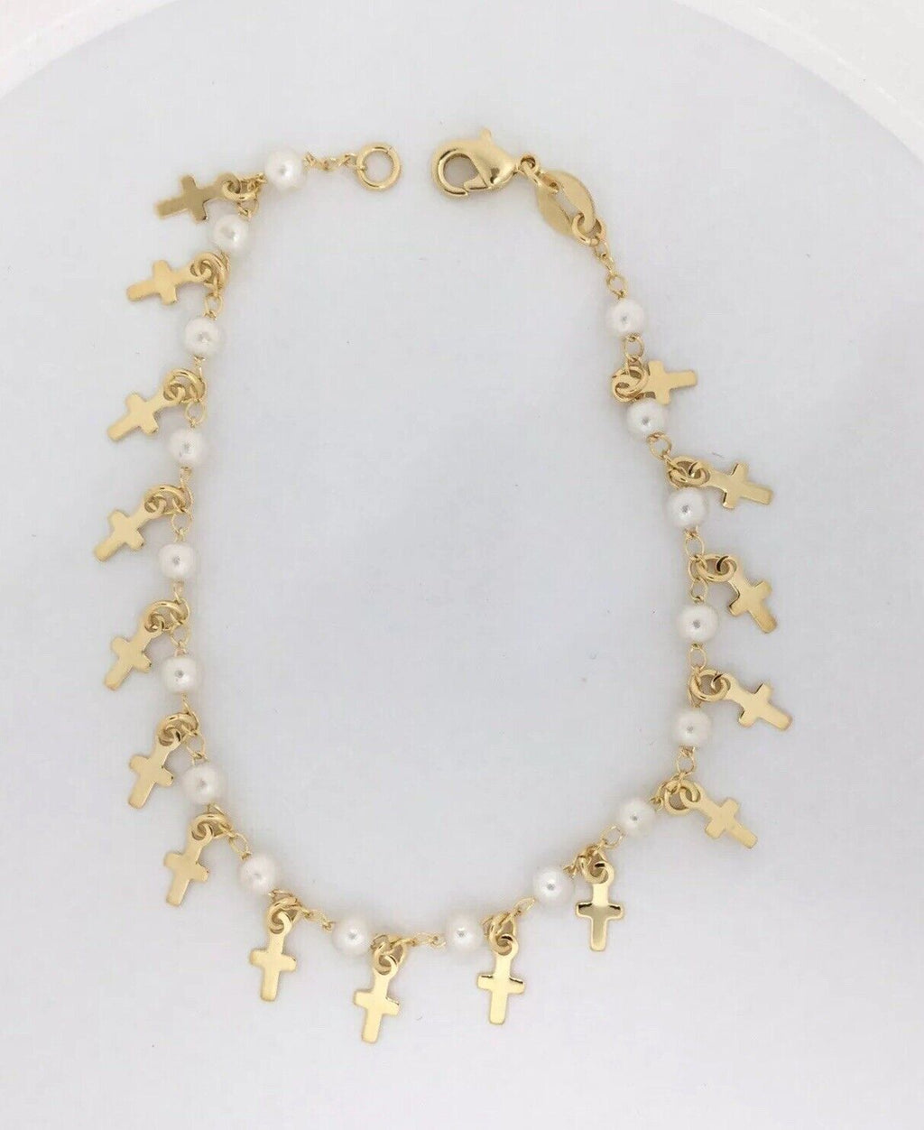 18 k Gold Filled ROSARY CROSS BRACELET HANGING CROSS 7” Simulated Pearl Beads