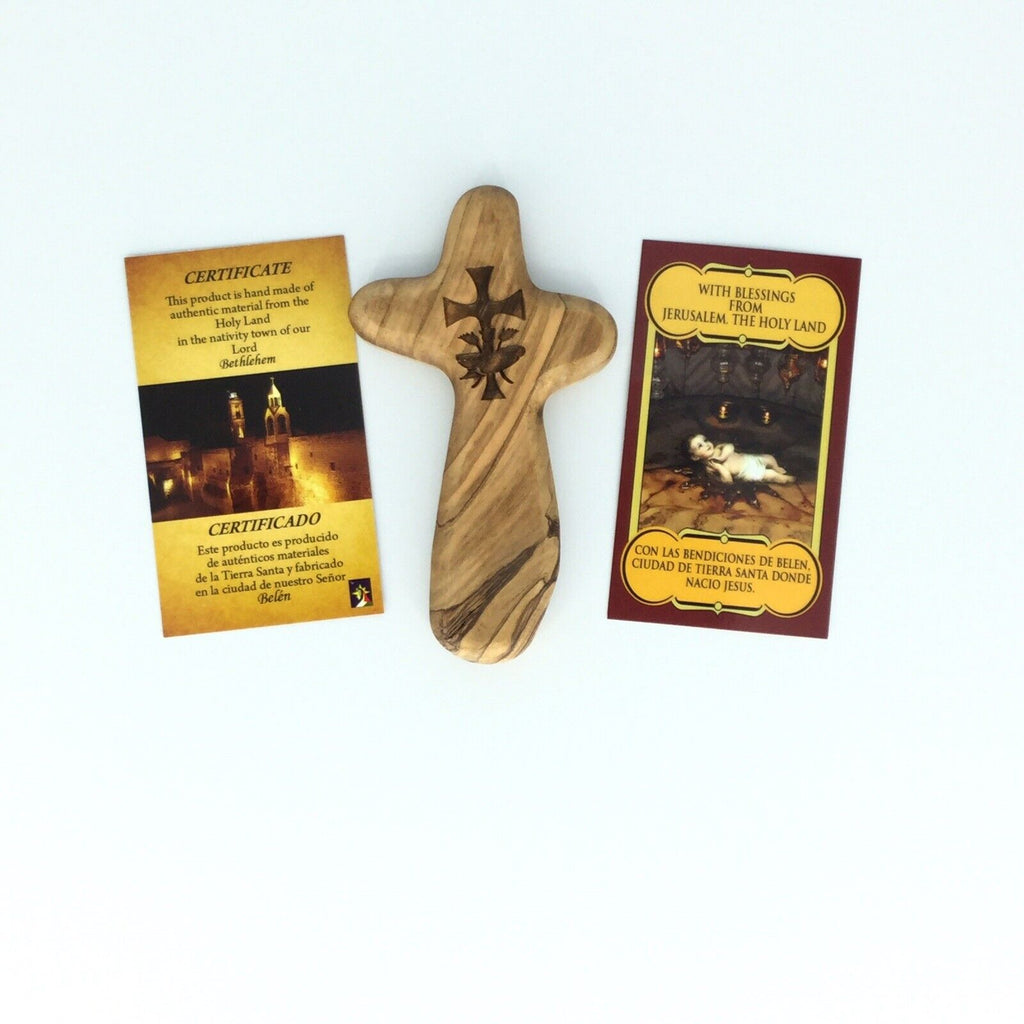 Olive Wood Comfort Cross Holding Cross engraved Emmaus Jerusalem Handmade