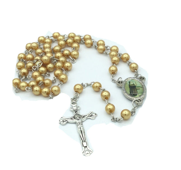 Saint Clare of Assissi Faux gold tone Pearl Rosary Necklace Catholic santa Clara