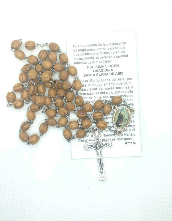 Saint Clare olive Wood Rosary Sacred Beads Jerusalem Necklace Oval Catholic Mary