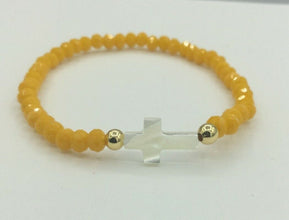 Yellow crystal, Mother of Pearl Cross stretch Women's bracelet Cruz de Nácar
