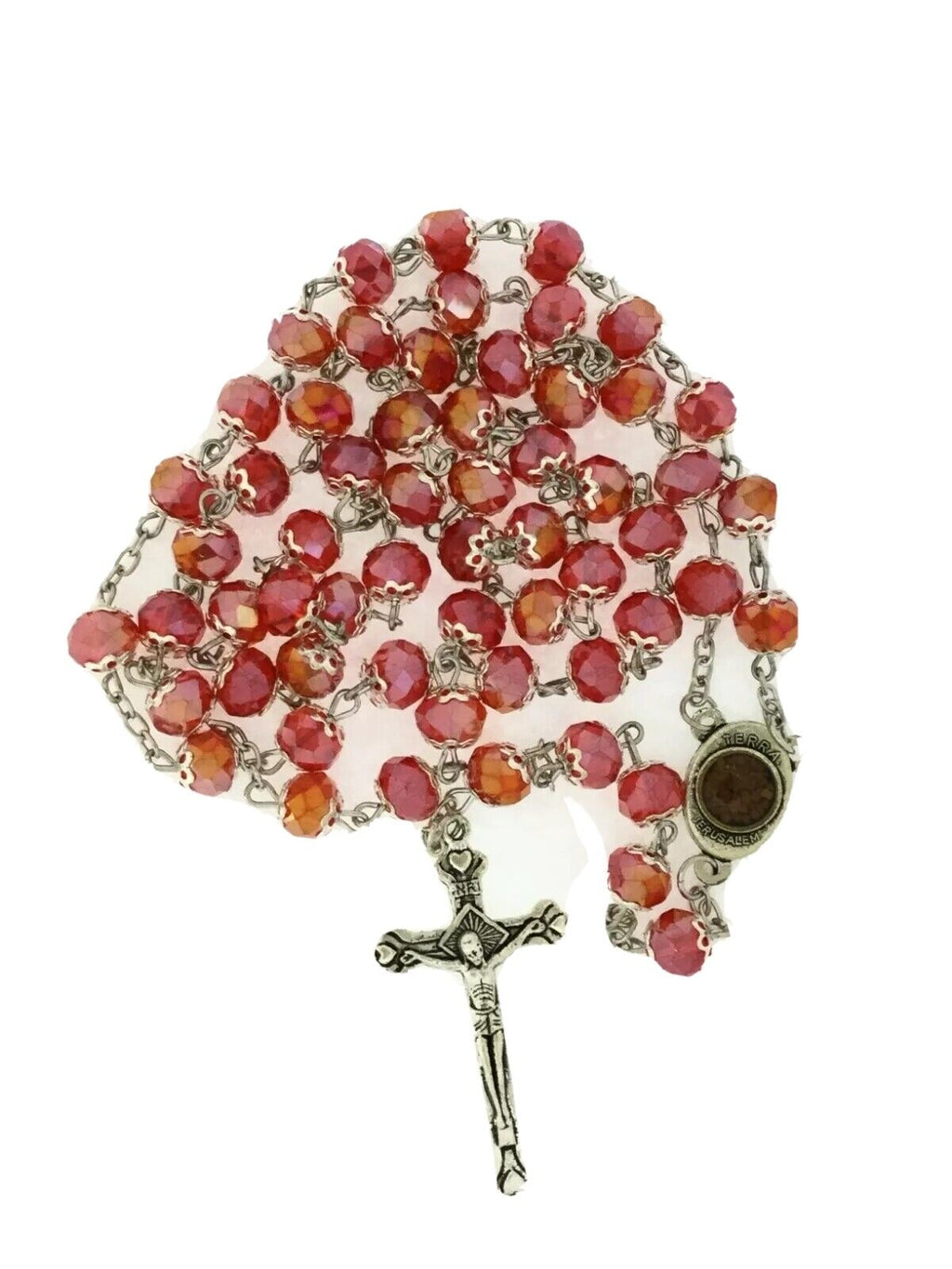 Glass Crystal Beads Rosary  Holy Soil Silver Cross Crucifix Jerusalem Blessings