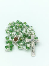 Green Crystals Rosary Beads Necklace Jerusalem Soil Centerpiece & Catholic Cross