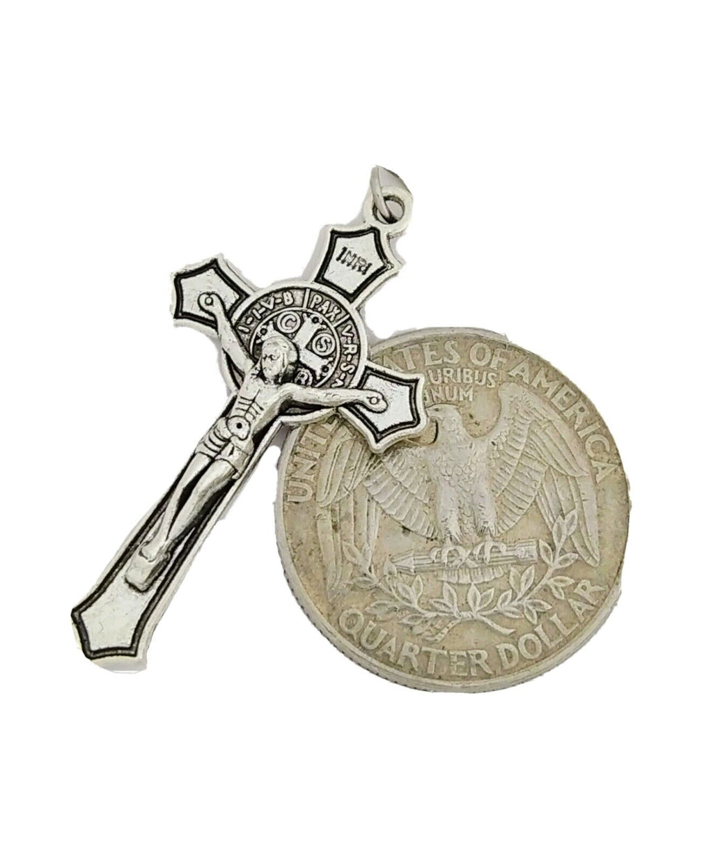 Saint St Benedict Medal Crucifix Cross Silver Plated Pendant Necklace 17" Cord