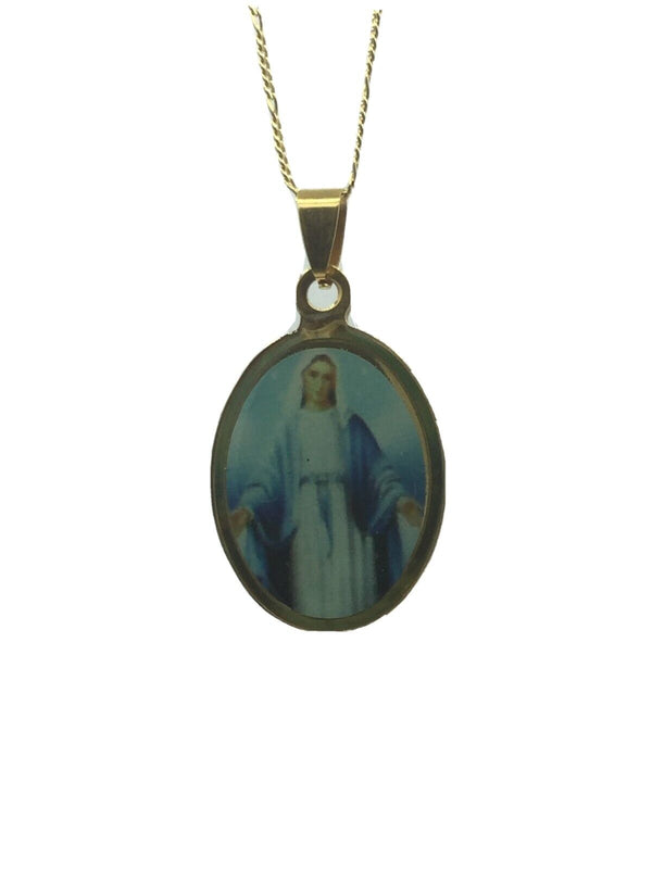 Virgin Mary of Grace Oval Medal Pendant Necklace Stainless Steel 14k Gold Plated
