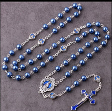 Catholic Blue Faux Pearl Glass Rosary Blue Enamel Crucifix Pater Bead Miraculous