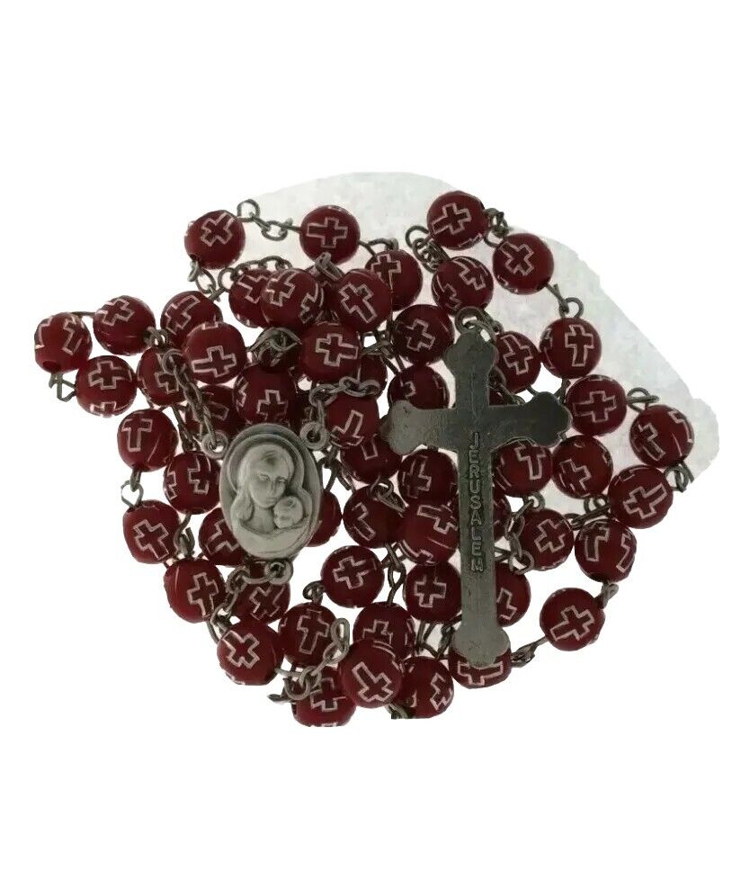 Catholic Red Rosary Beads Decorated Crucifixion  Holy Soil from Jerusalem Cruz