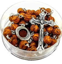 Olive Wood Beads Catholic ROSARY NECKLACE Holy Soil Medal Gift Box Certificate