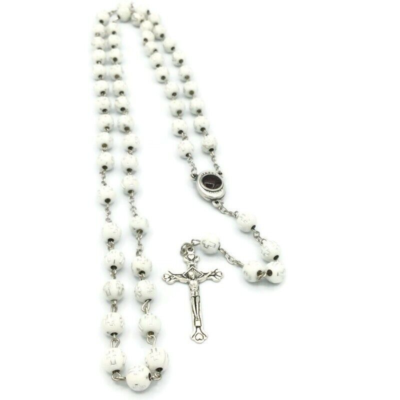 Catholic White Rosary Beads Decorated Crucifixion  Holy Soil from Jerusalem Cruz