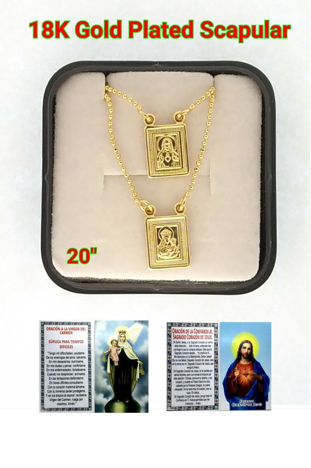 14k Gold Plated Our Lady Mt Carmel & Sacred Heart Jesus  Scapular Necklace 