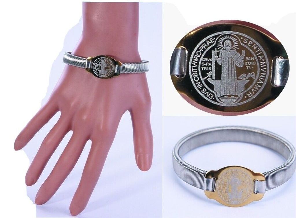 Set 12 X Stainless Steel Stretch Men's Bracelet Saint Benedict Medal San Benito