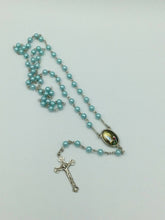 Catholic Blue Pearl Beads Rosary Necklace Our Lady of Lourdes Medal Cross Jesus 