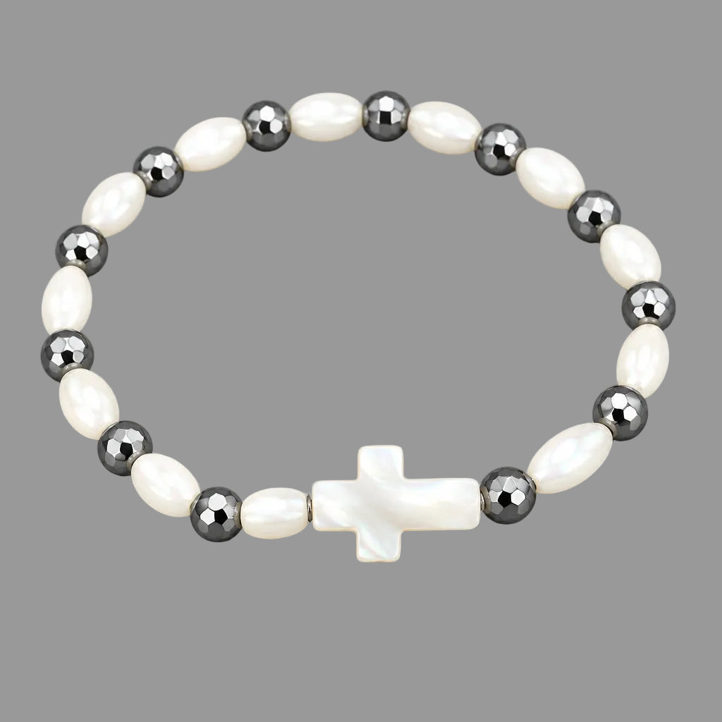 Mother of pearl bracelet made in Jerusalem cross Jesus pulsera de Nácar Stretch