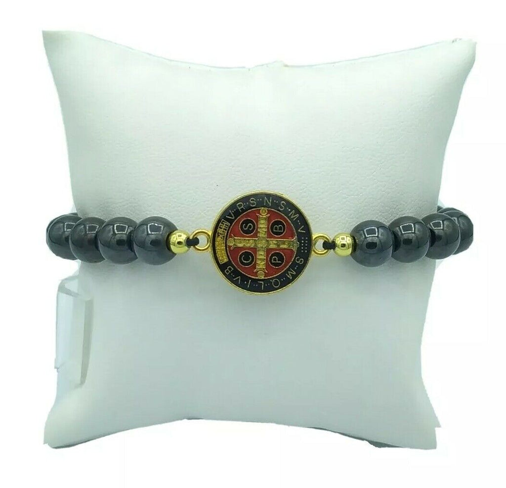 Black Beads St Benedict Bracelet, Catholic Saint Medal Adjustable San Benito Cru