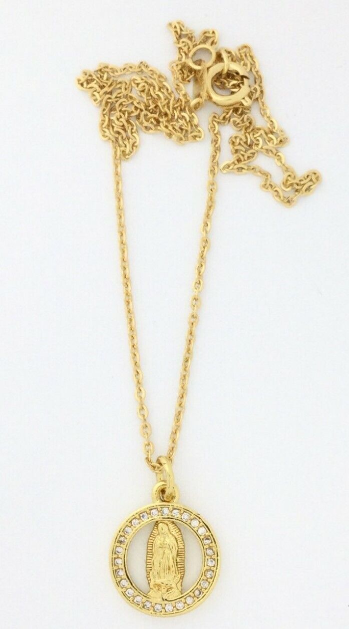 Our Lady Of Guadalupe 14k Gold Plated Medal Pendant Charm Necklace 16" Chain