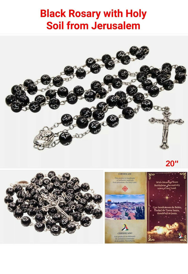 Catholic Black Rosary Beads Decorated Crucifixion  Holy Soil from Jerusalem Cruz