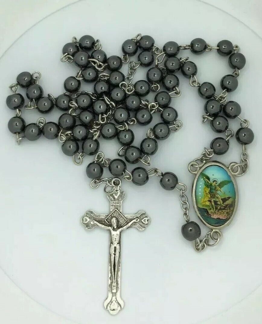 st.saint Michael Archangel Rosary Hematite San Miguel arcángel Necklace  Jesus
