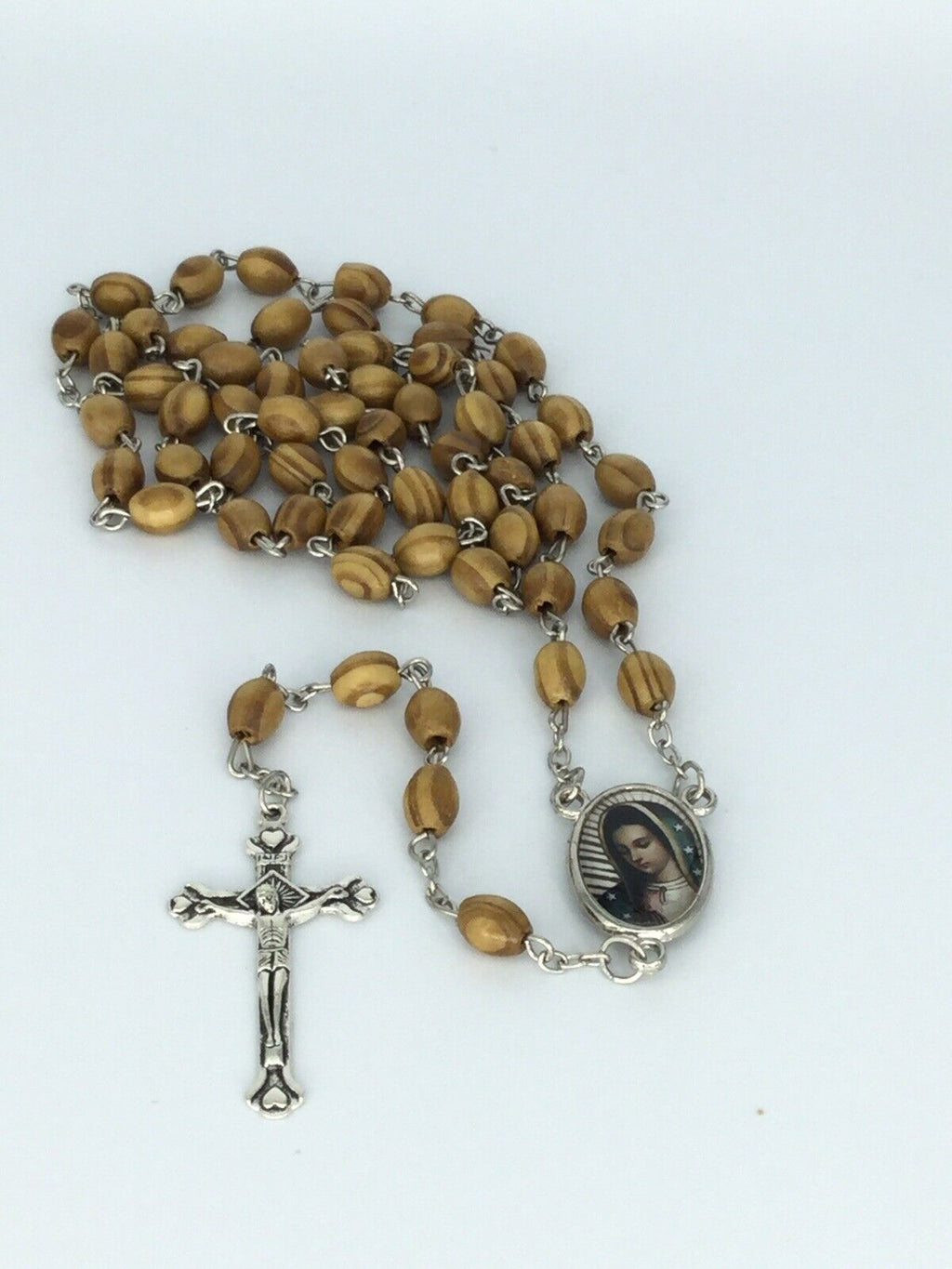 Olive Wood Rosary JERUSALEM Necklace Oval Catholic Virgen De Guadalupe México