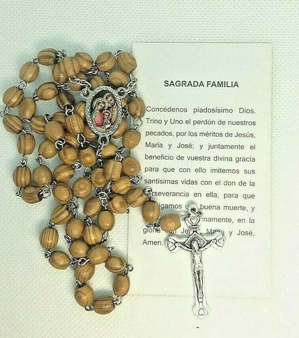 HOLY FAMILY Catholic Olive Wood Rosary Beads Jerusalem Necklace Oval Mary JESUS