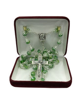 Green Crystals Rosary Beads Necklace Jerusalem Soil Centerpiece & Catholic Cross