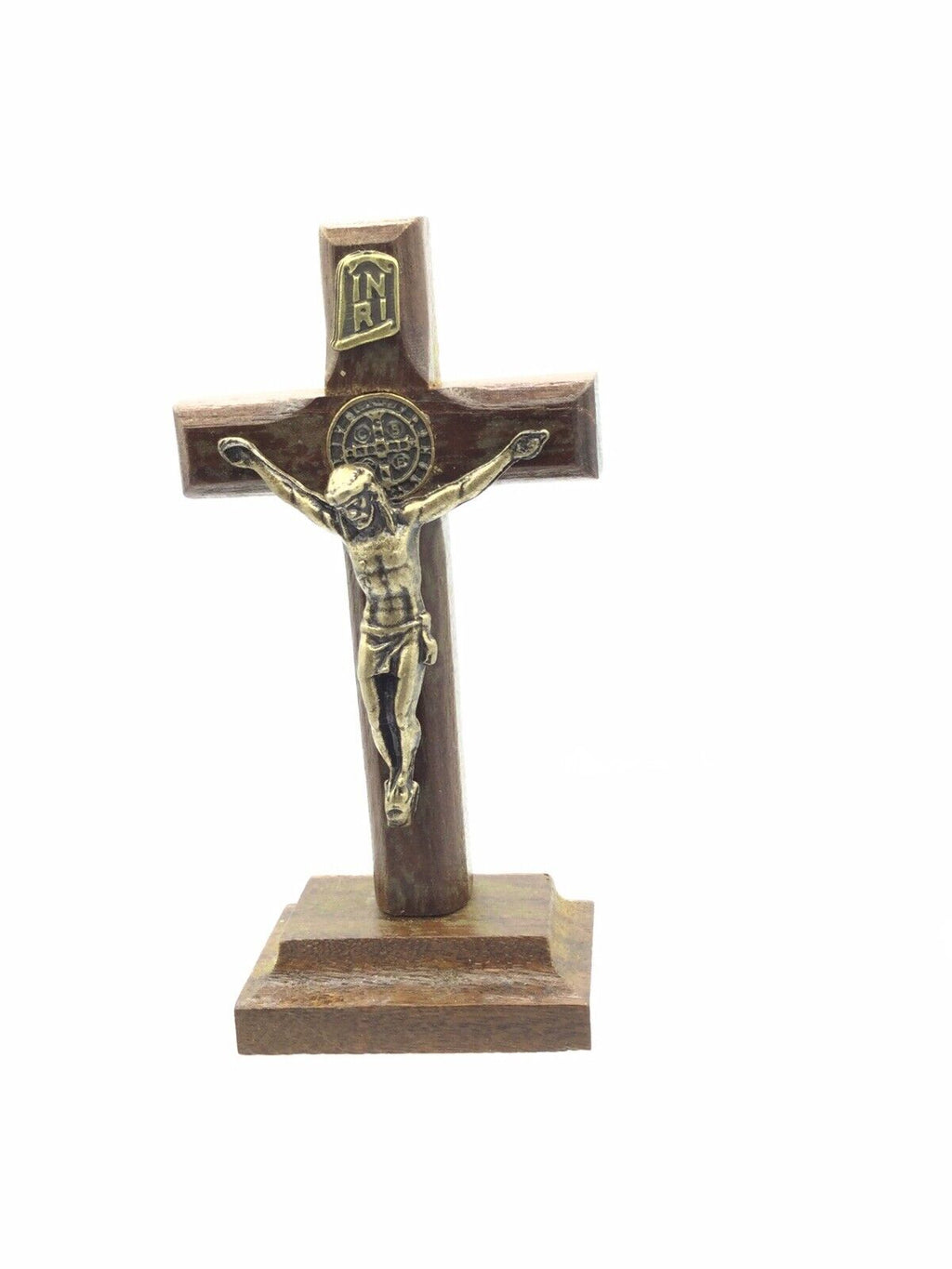 St.Saint Benedict Medal Wood Cross Crucifix Standing Cruz Medalla San Benito 3"