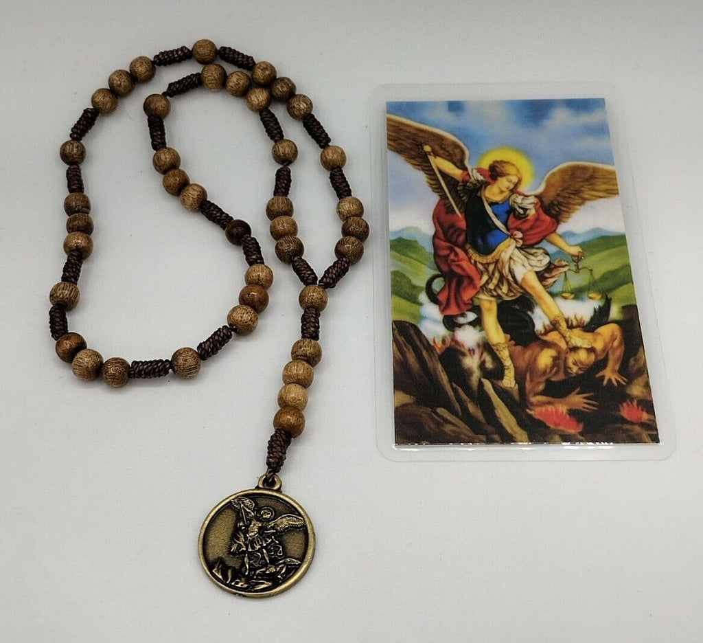 Brown Wood St Saint Michael Archangel Rosary Beads Chaplet coronilla San Miguel