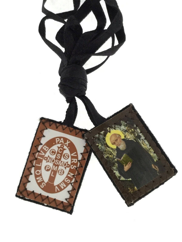 St.Saint Benedict Medal Brown Cloth Scapular Necklace escapulario de San Benito