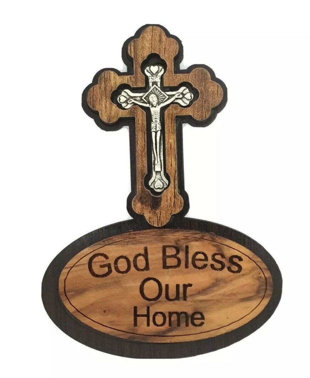 Home Blessings Jesus Cross Crucifix Magnet Olive Wood JERUSALEM, Bless our home 