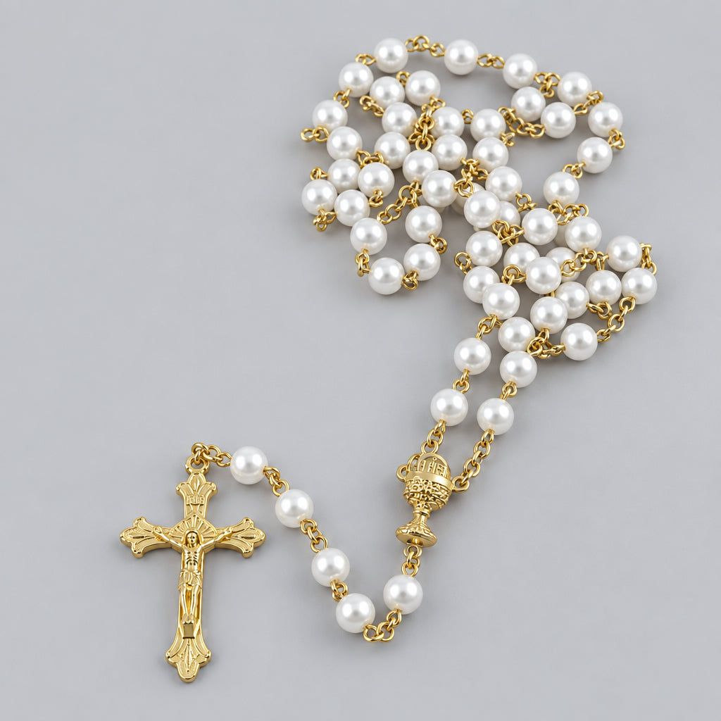 Primera comunión Rosario blanco/First Communion White pearl Rosary 