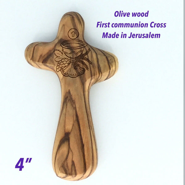 Olive Wood Holding Comfort Cross engraved First Holy Communion Favor Jerusalem