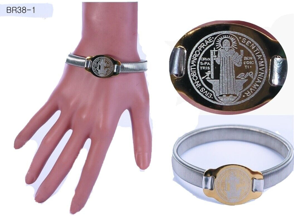 Set 12 X Stainless Steel Stretch Men's Bracelet Saint Benedict Medal San Benito