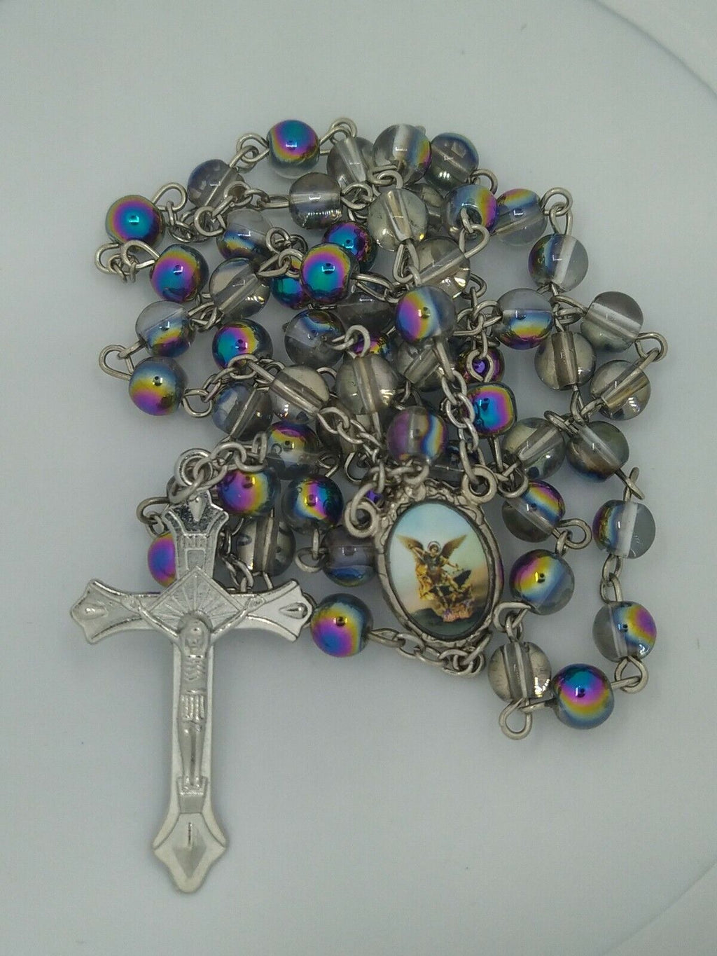 St.Saint Michael Archangel Rosary Glass San Miguel Arcángel Necklace Jesus
