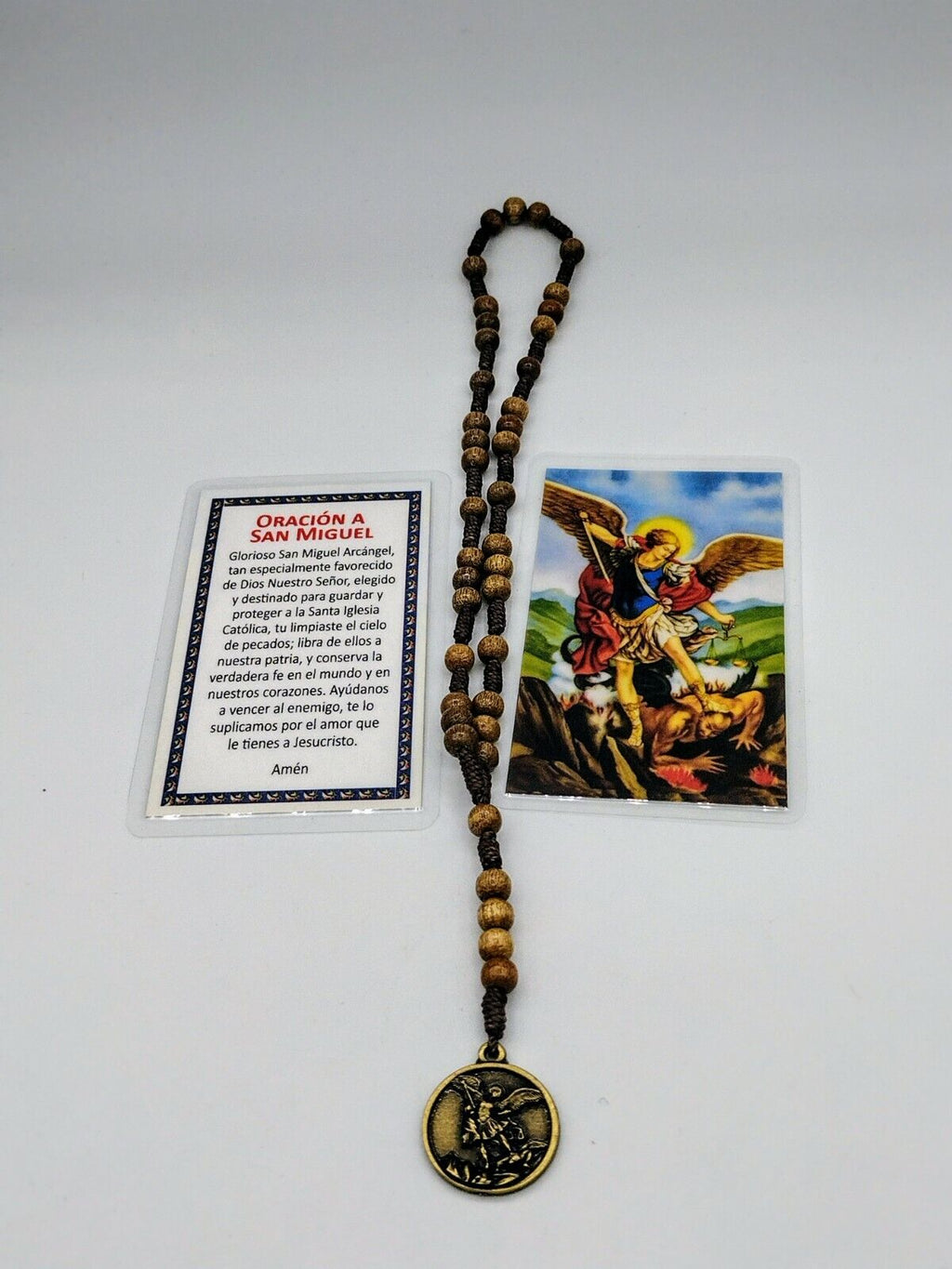 Brown Wood St Saint Michael Archangel Rosary Beads Chaplet coronilla San Miguel