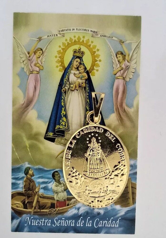 18k Caridad del Cobre Medal catholic Religious Pendant Prayer Card Cuba Mary