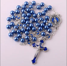 Sapphire Blue Pearl Catholic Rosary Beads Miraculous Medal Milagrosa Cruz Azul